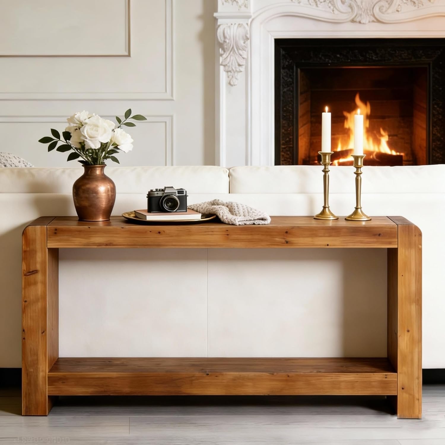 63" Solid Wood Console Table with Storage, 2-Tier Farmhouse Entryway Sofa Table