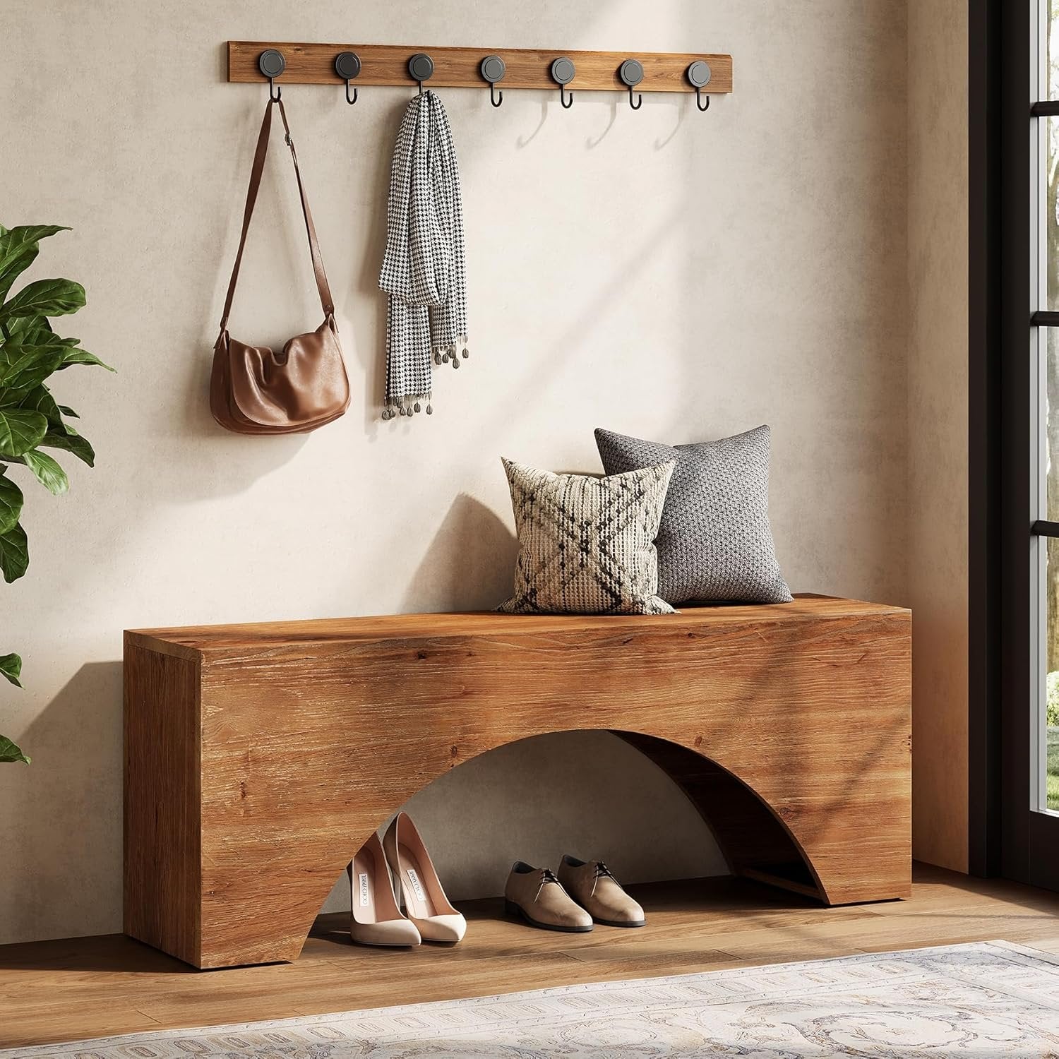 47" Solid Wood Bench, Farmhouse Entryway Shoe Bench with Arch Design