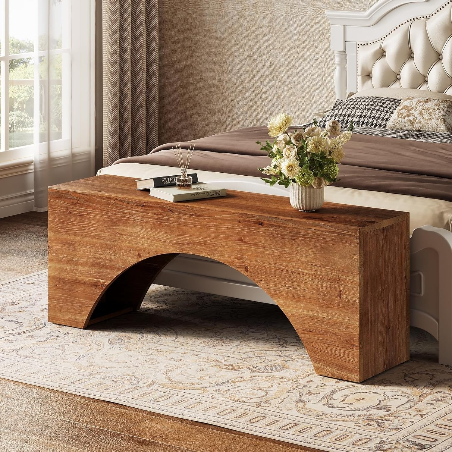 47" Solid Wood Bench, Farmhouse Entryway Shoe Bench with Arch Design