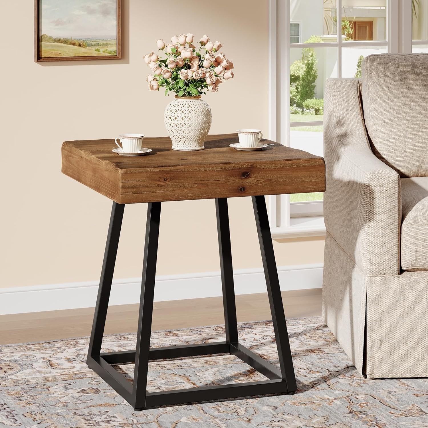 Solid Wood End Table, 19.7" Square Side Table with Metal Frame