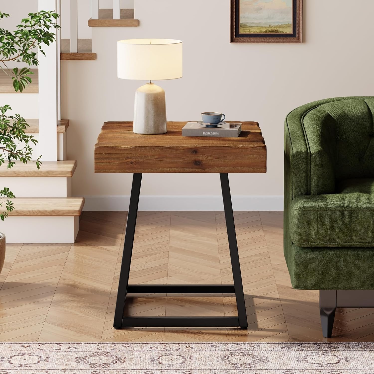 Solid Wood End Table, 19.7" Square Side Table with Metal Frame