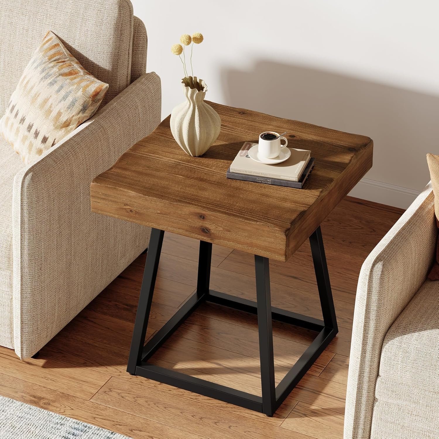 Solid Wood End Table, 19.7" Square Side Table with Metal Frame