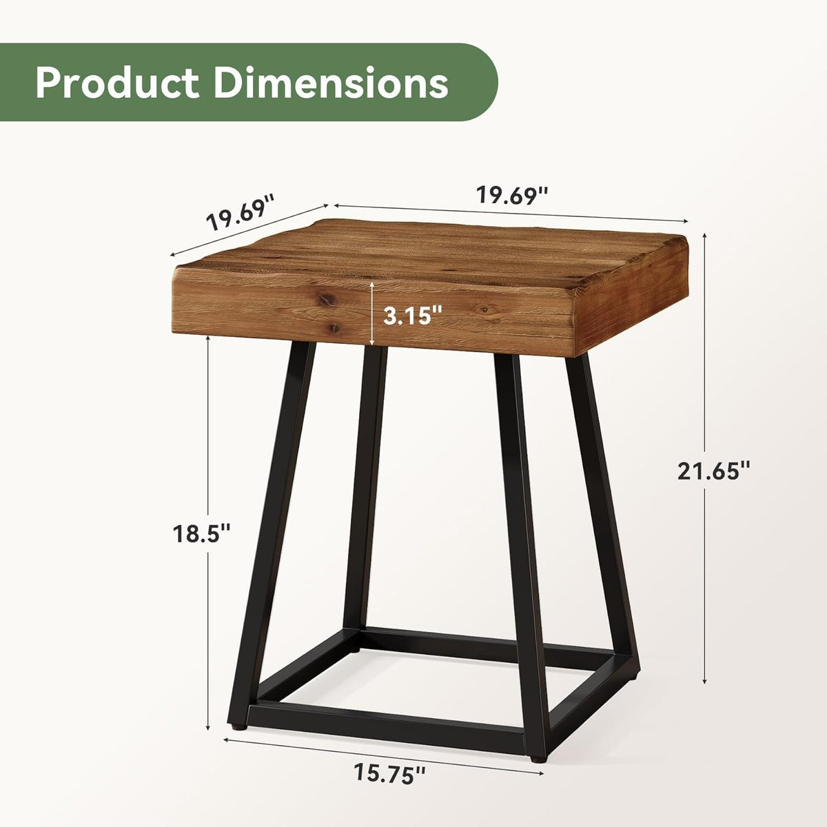 Solid Wood Nightstand, Industrial Square Bedside Table with Metal Frame