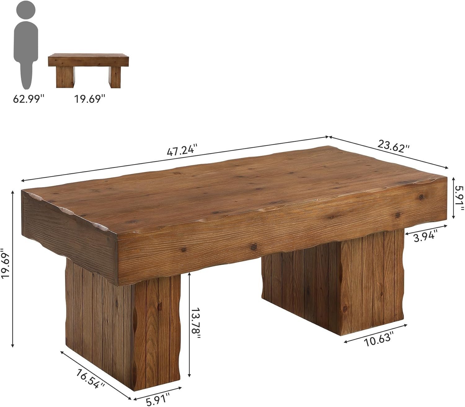 Solid Wood Coffee Table, 47" Farmhouse Center Table with Thick Base