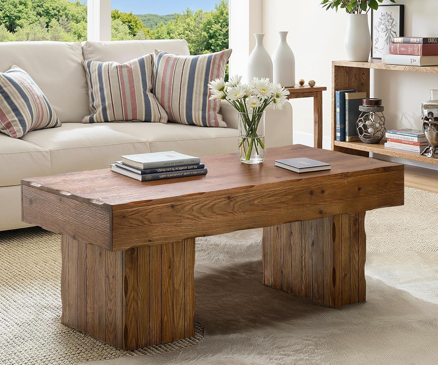 Solid Wood Coffee Table, 47" Farmhouse Center Table with Thick Base