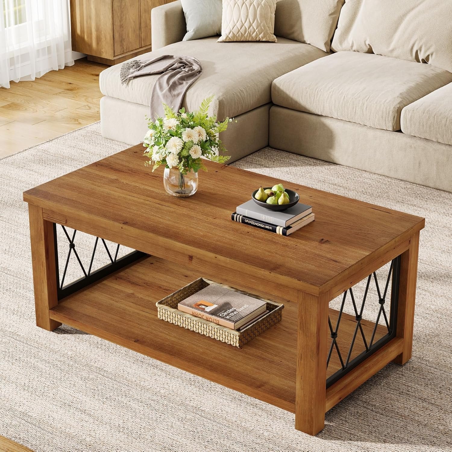 Rectangular Solid Wood Coffee Table, 47" Center Tea Table with 2-Tier Shelf