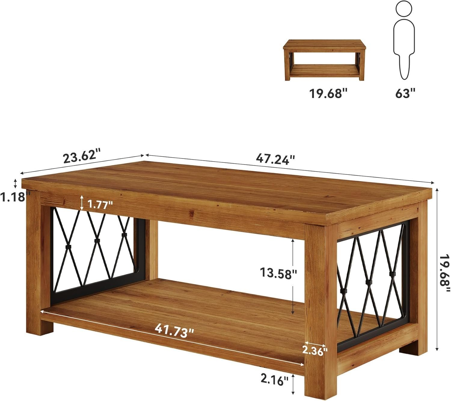 Rectangular Solid Wood Coffee Table, 47" Center Tea Table with 2-Tier Shelf