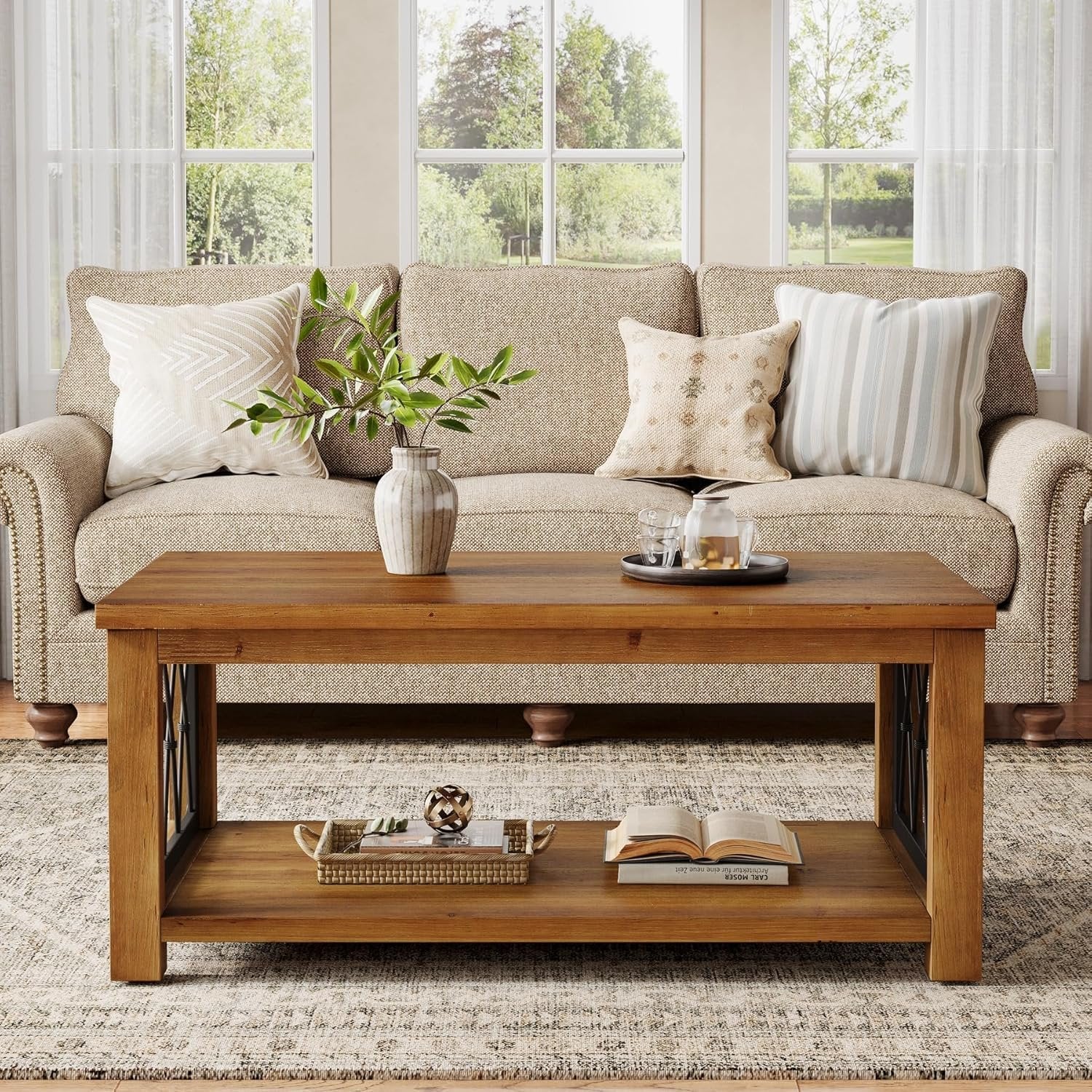 Rectangular Solid Wood Coffee Table, 47" Center Tea Table with 2-Tier Shelf