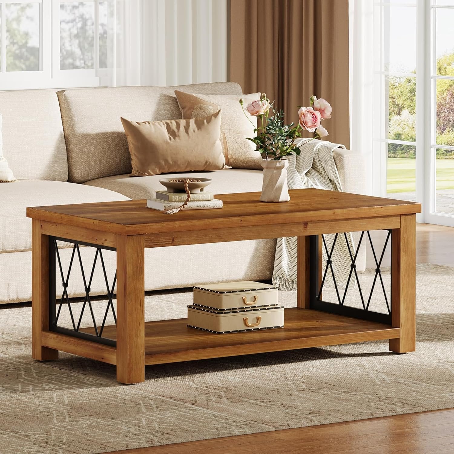 Rectangular Solid Wood Coffee Table, 47" Center Tea Table with 2-Tier Shelf