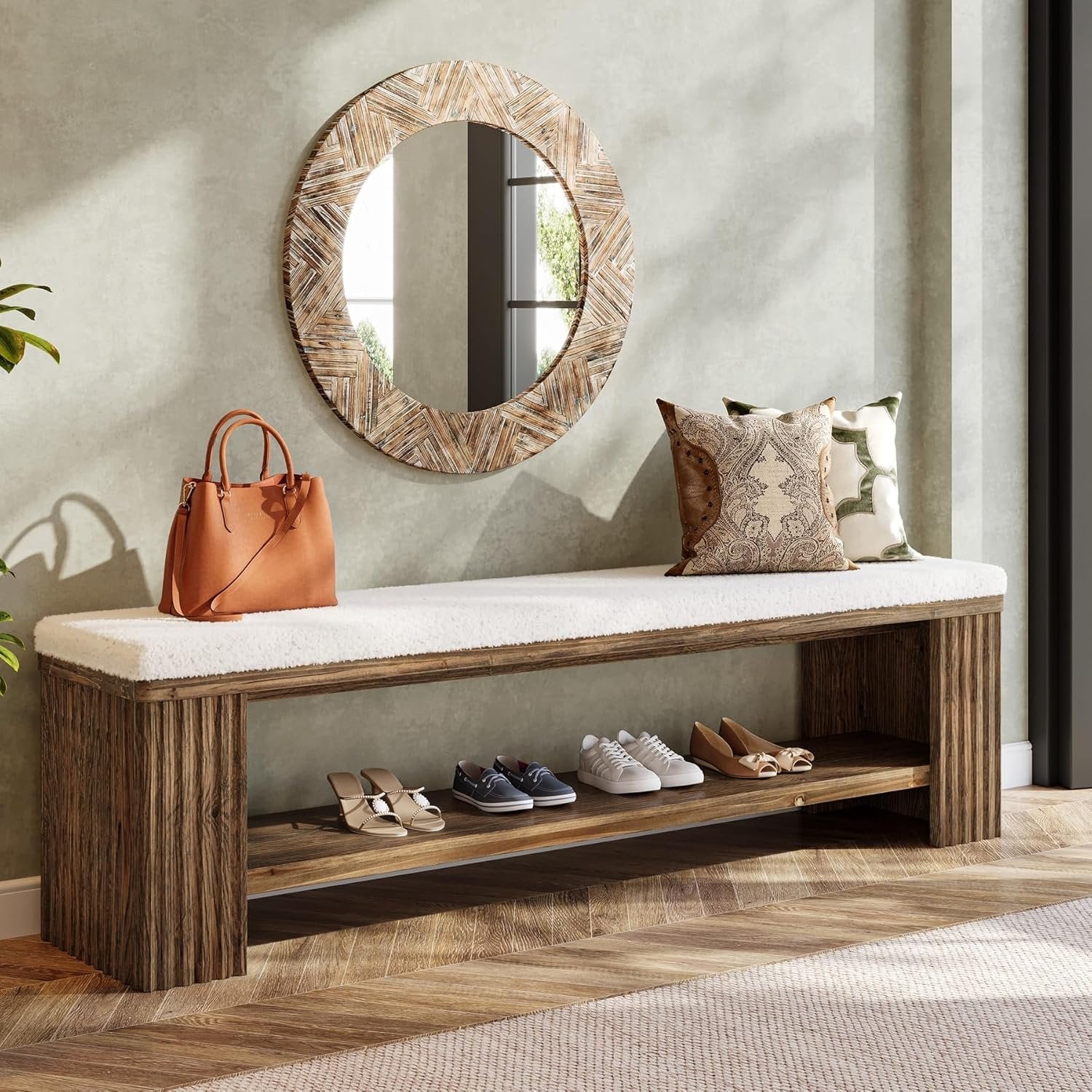 63" Solid Wood Entryway Bench, Modern Upholstered End of Bed Bench