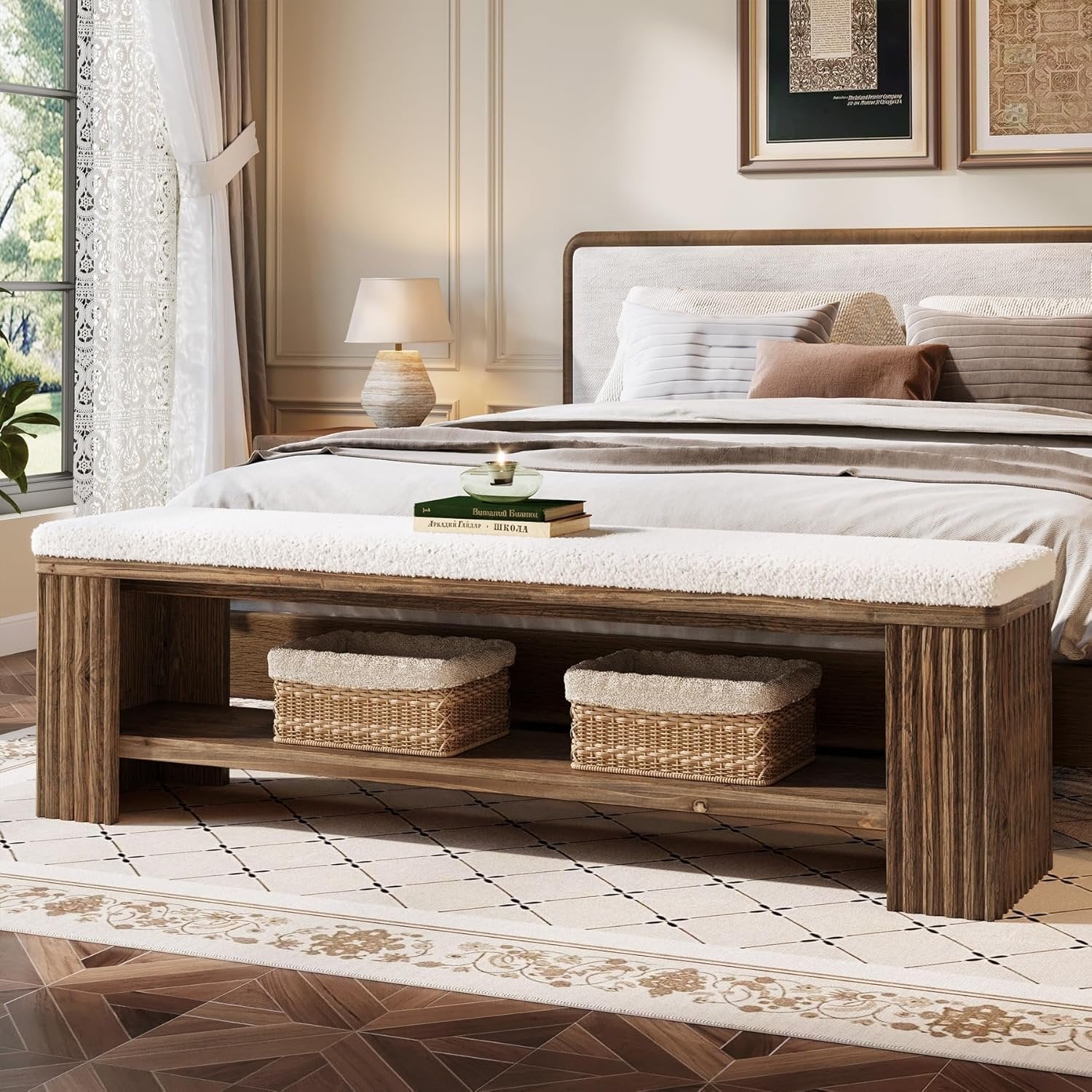 63" Solid Wood Entryway Bench, Modern Upholstered End of Bed Bench
