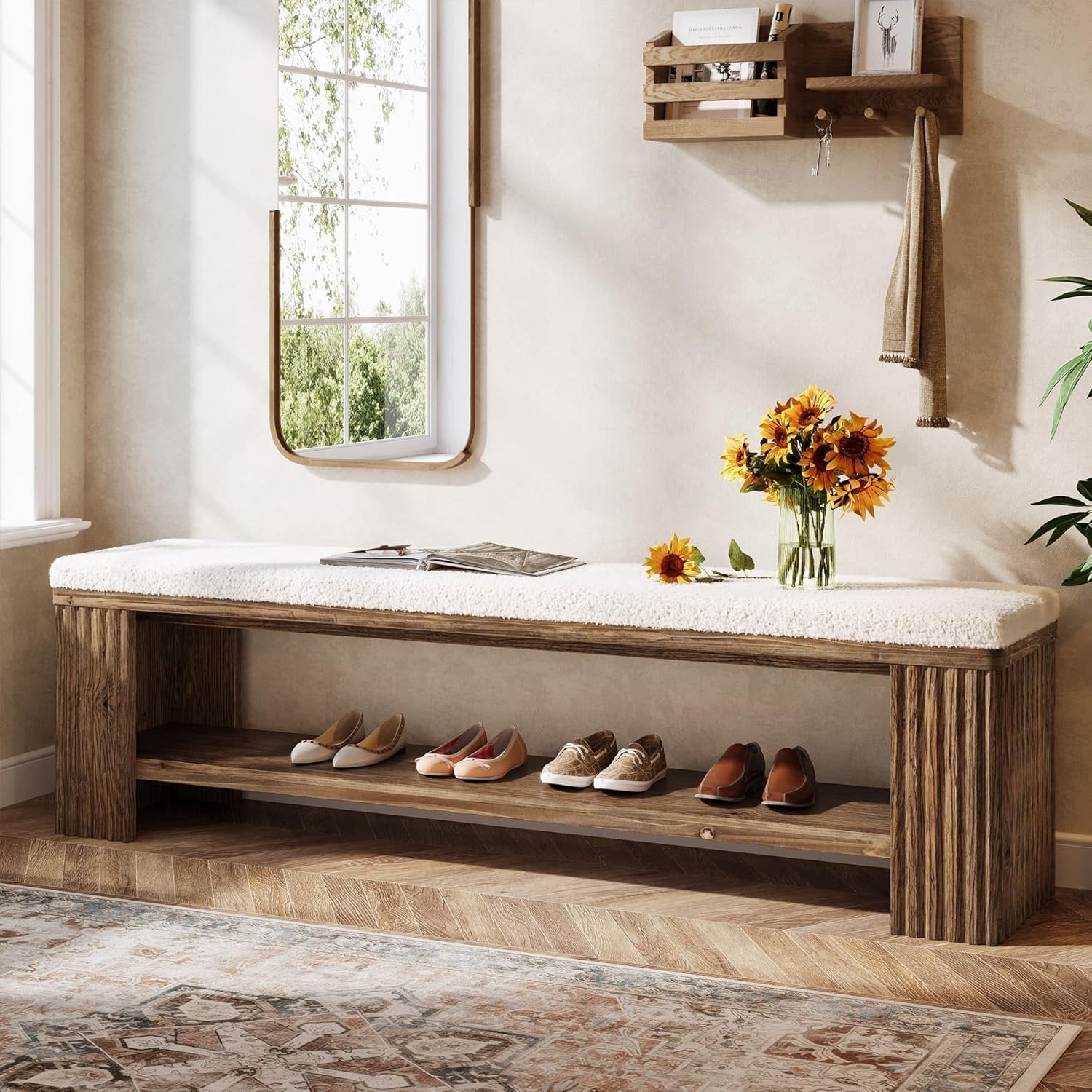 63" Solid Wood Entryway Bench, Modern Upholstered End of Bed Bench