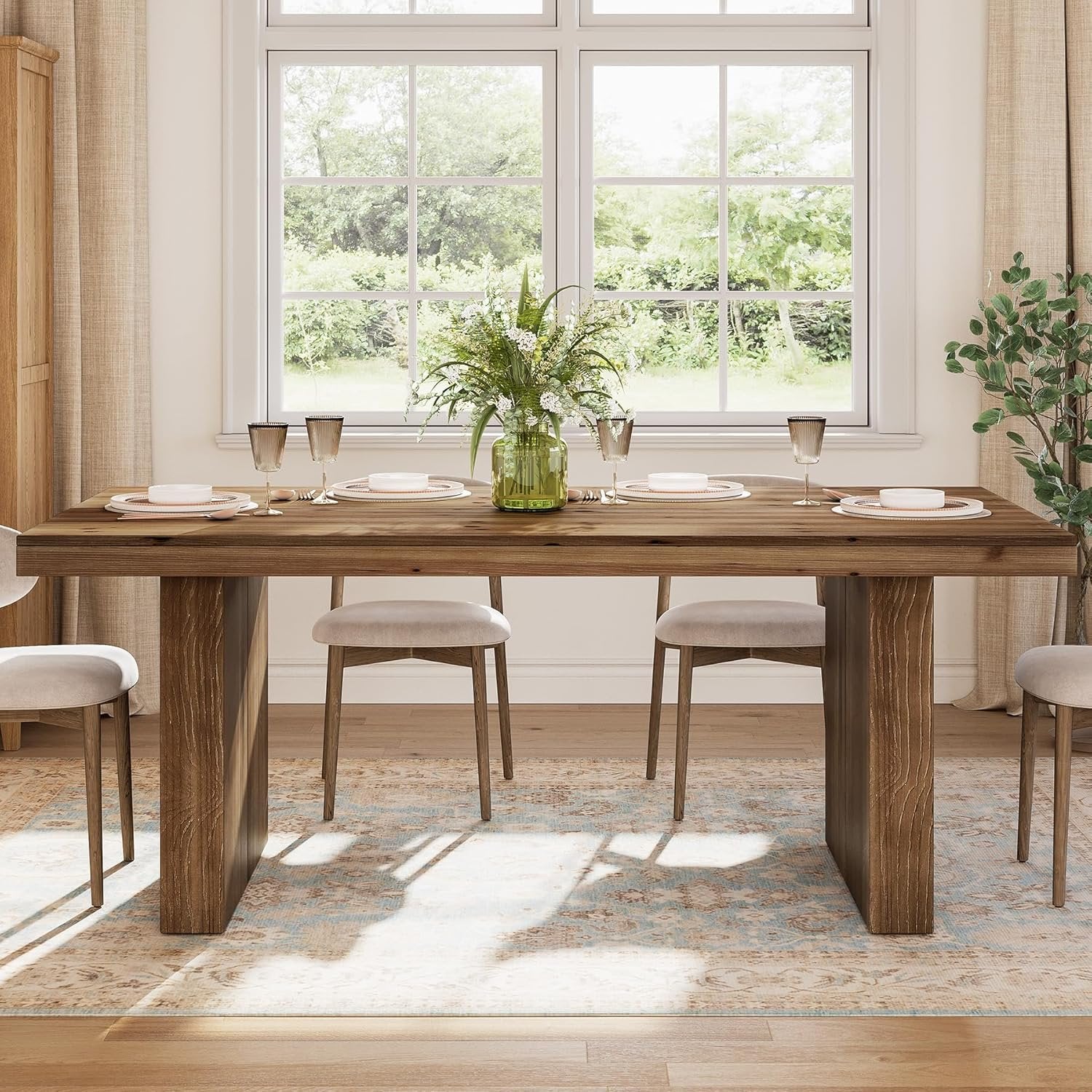 63" Rectangle Dining Table, Farmhouse Solid Wood Kitchen Dinner Table for 4-6 People