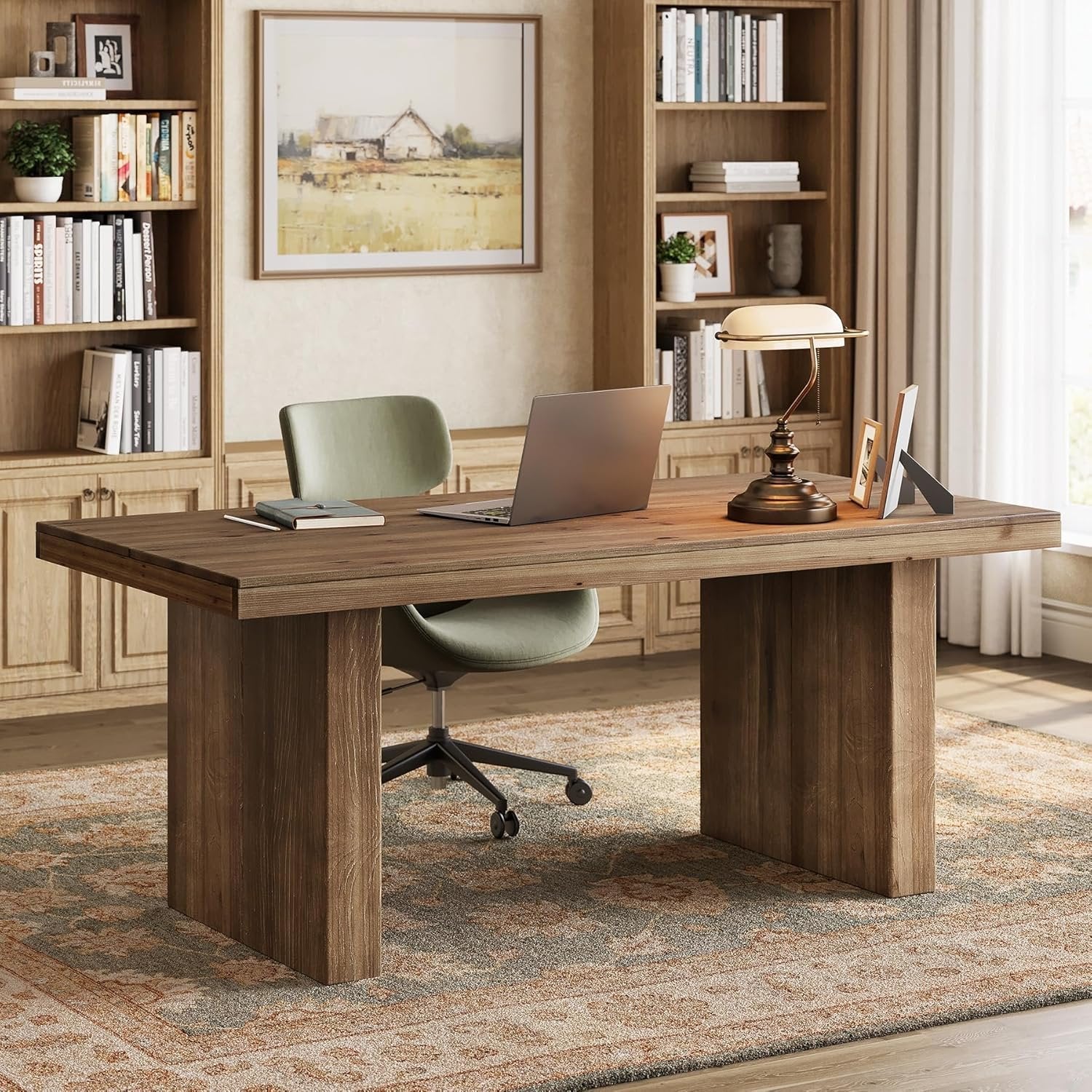 63" Solid Wood Executive Desk, Farmhouse Large Computer Desk with Sturdy Legs