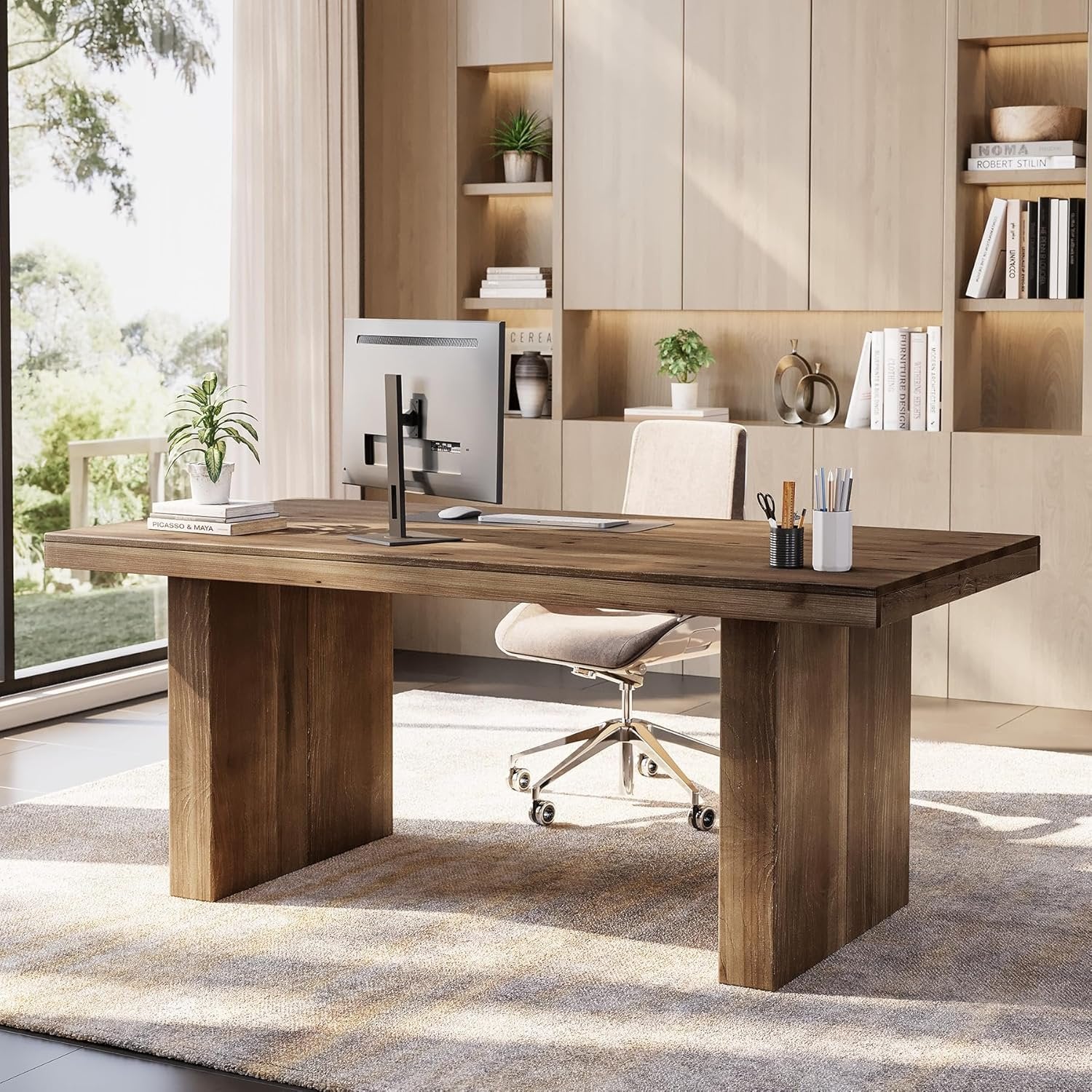 63" Solid Wood Executive Desk, Farmhouse Large Computer Desk with Sturdy Legs