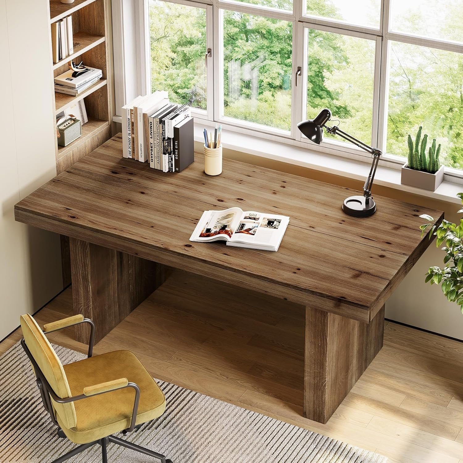 63" Solid Wood Executive Desk, Farmhouse Large Computer Desk with Sturdy Legs