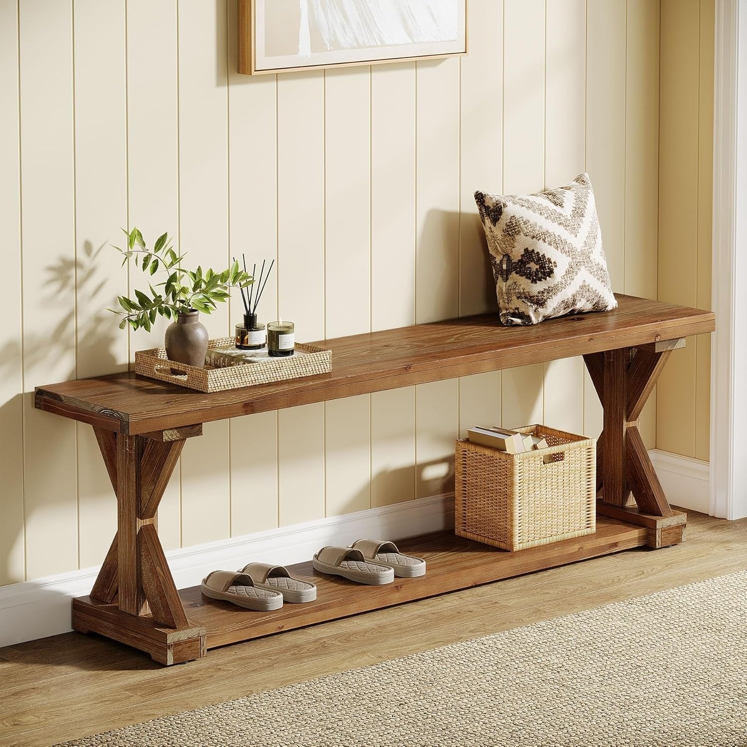 59" Solid Wood Entryway Bench, 2-Tier Foyer Shoe Bench with Open Shelf
