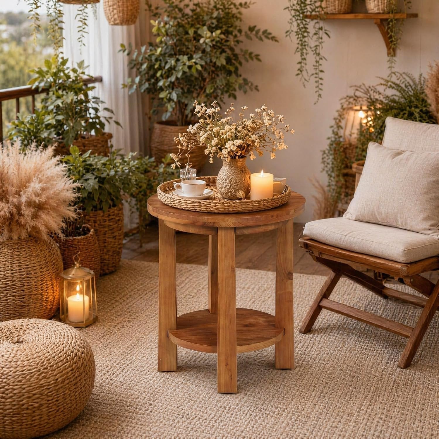 19.6" Solid Wood Side Table, 2 Tier Farmhouse Industrial Round End Table Nightstand
