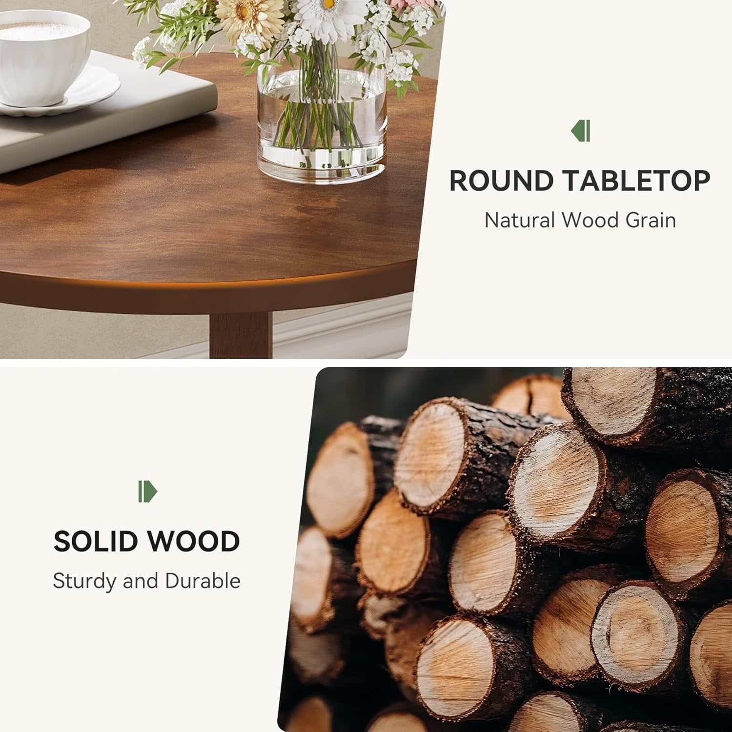 Solid Wood Side Table, 19" Round End Table with 2-Tier Storage