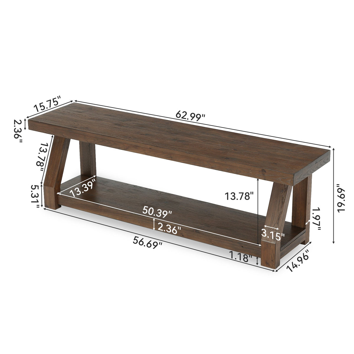 63" Solid Wood TV Stand for 65-75" TVs, Farmhouse Media Console with Open Shelf, Rustic Entertainment Center for Living Room