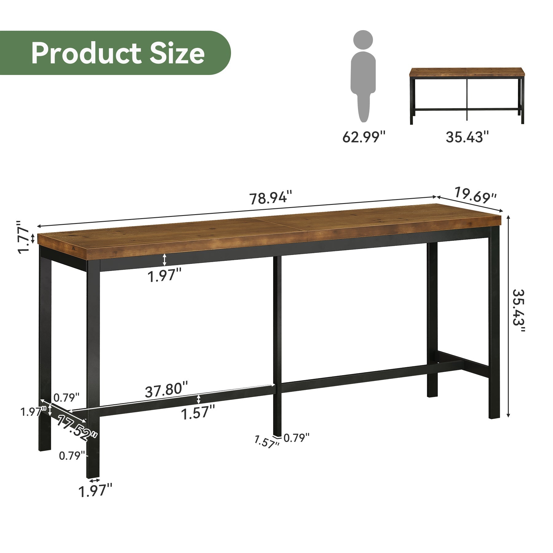 79" Solid Wood Bar Table, Rectangular High Top Table with Metal Footrest for Home Kitchen