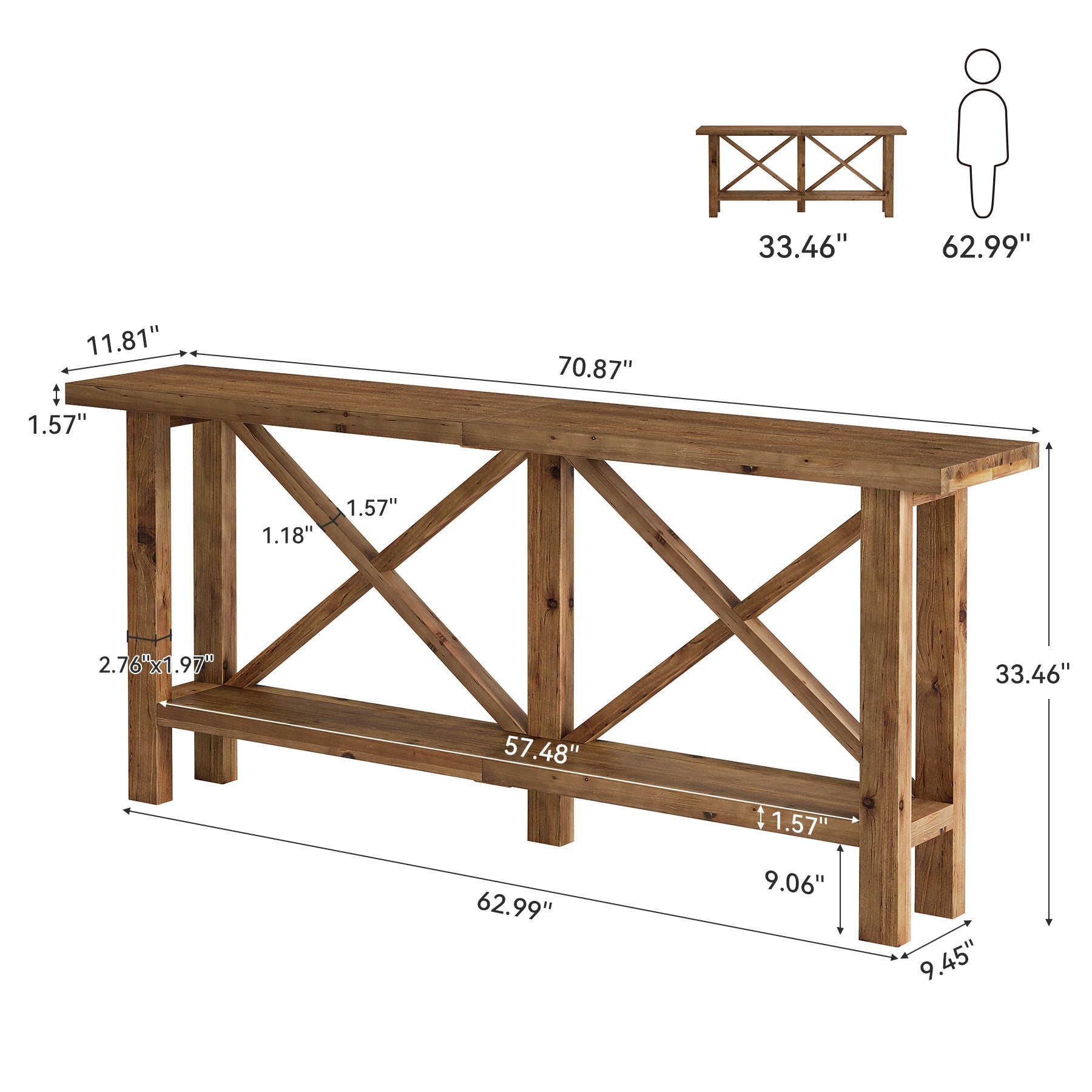 70.87" Solid Wood Console Table with Storage, Farmhouse Narrow Entryway & Sofa Table with X-Frame