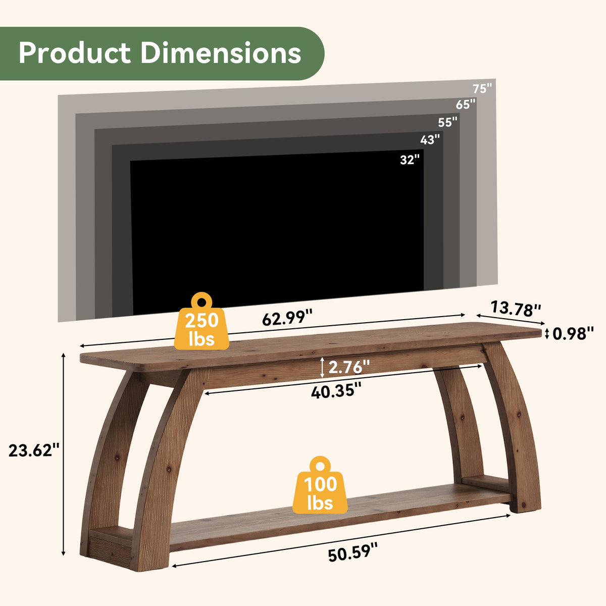 63" Solid Wood TV Stand for up to 75" TVs, 2-Tier Entertainment Center with Open Storage