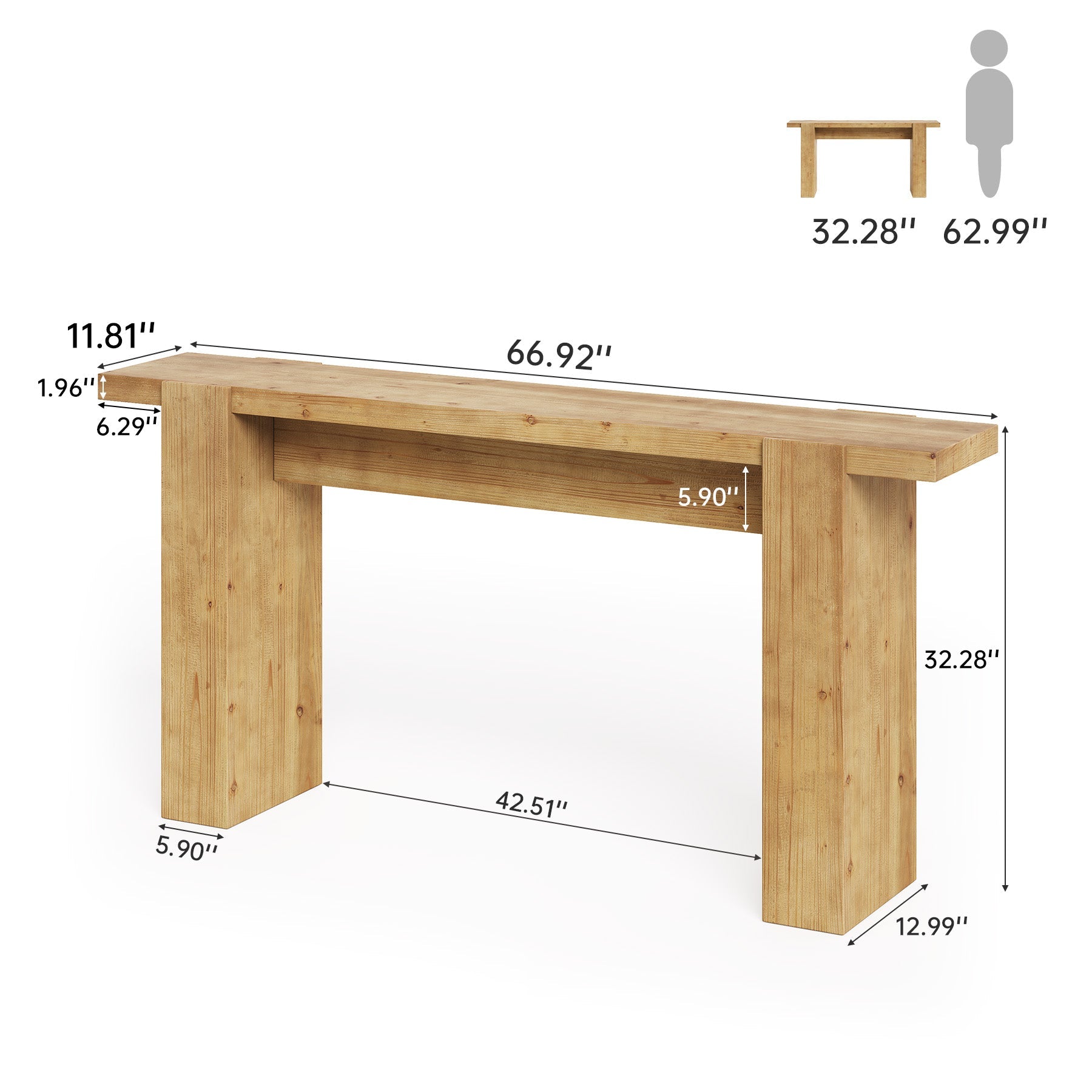 Solid Wood Console Table, 67" Narrow Entryway Sofa Table with Sturdy Legs