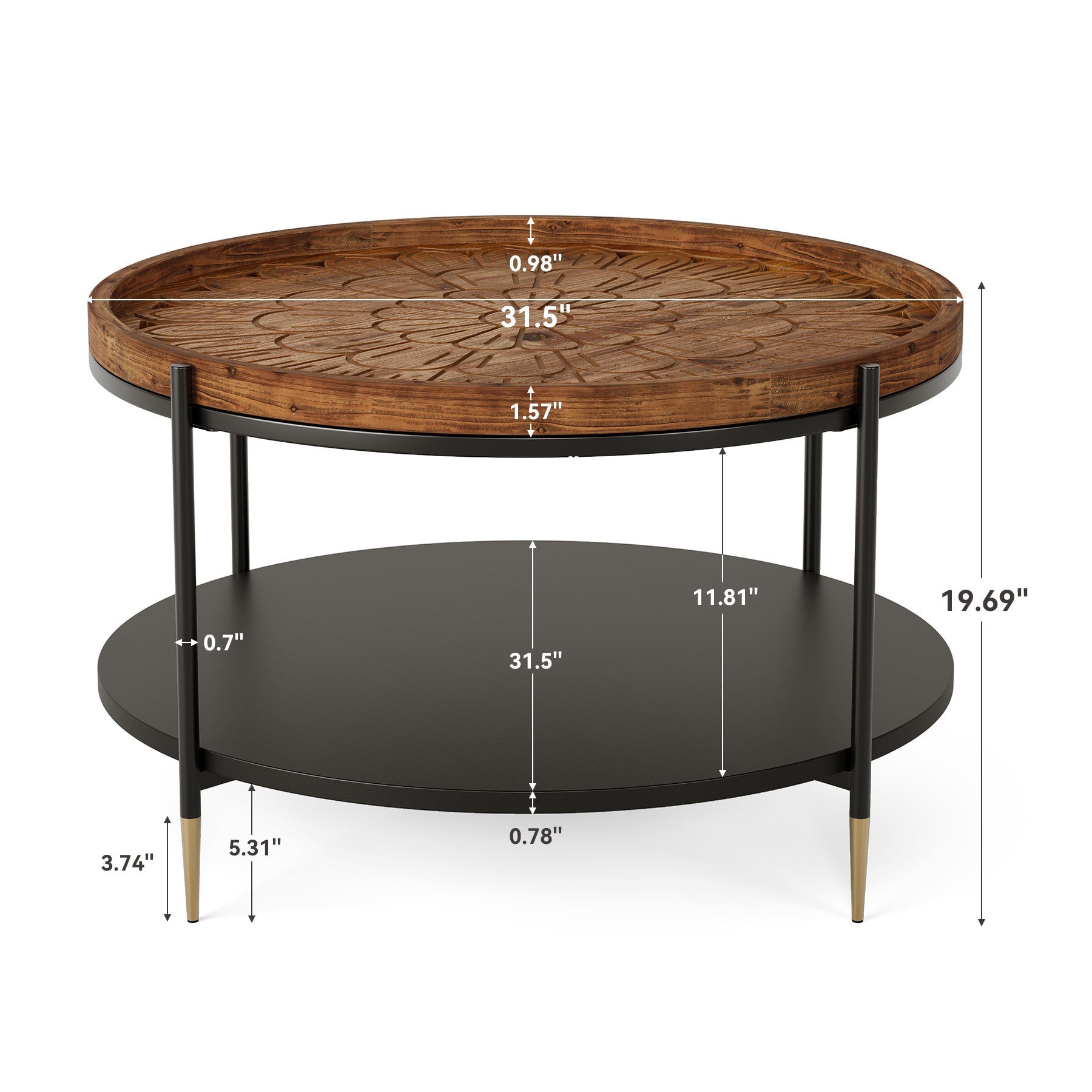 Solid Wood Round Coffee Table, 31.5" Center Tea Table with Metal Frame