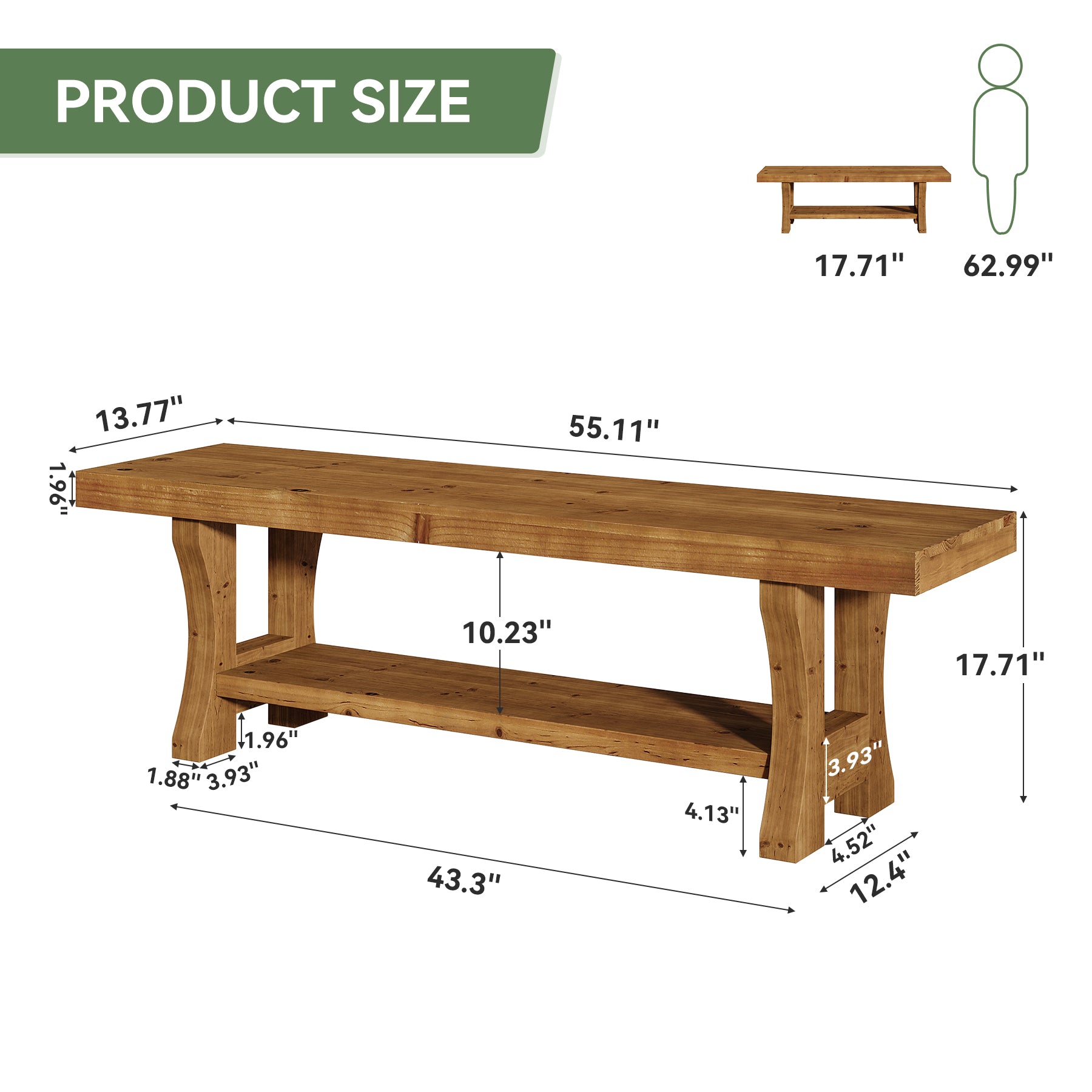 55" Entryway Bench, Solid Wood End of Bed Bench Dining Seat