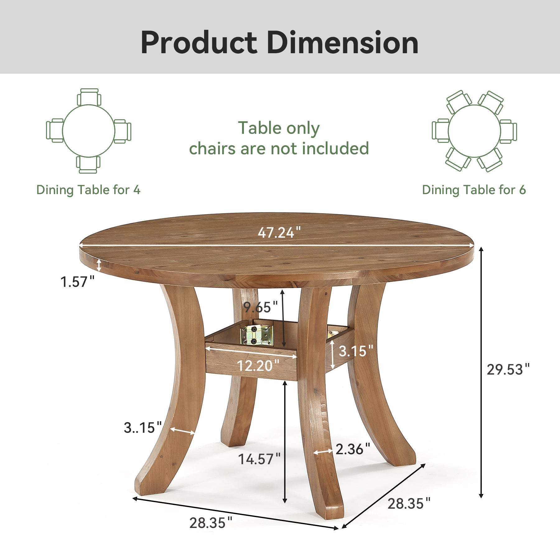 Solid Wood Round Dining Table, 47" Kitchen Table with Unique Curved Legs