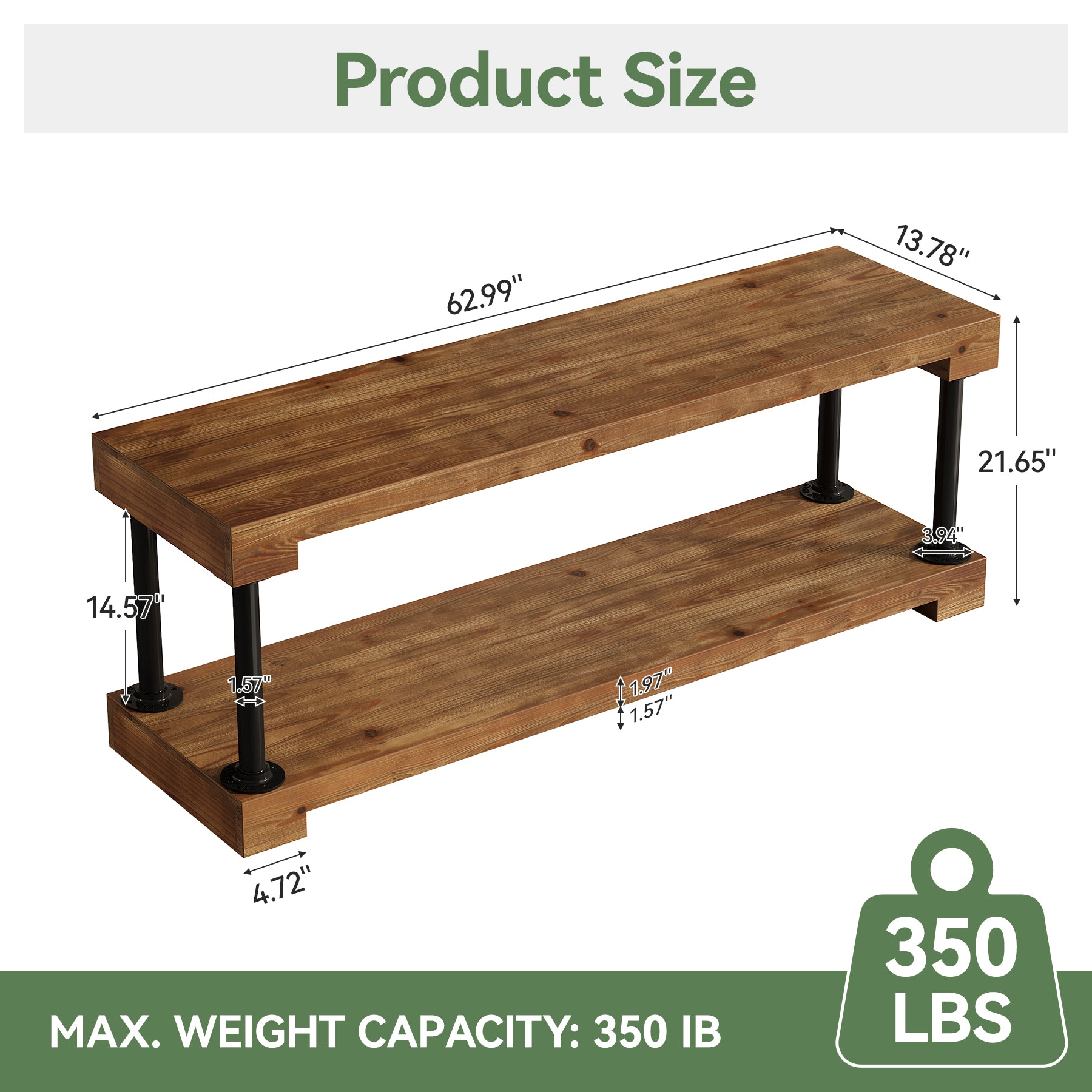 Tribesigns 63" Solid Wood Entryway Bench, Industrial Storage Bench with Shelf