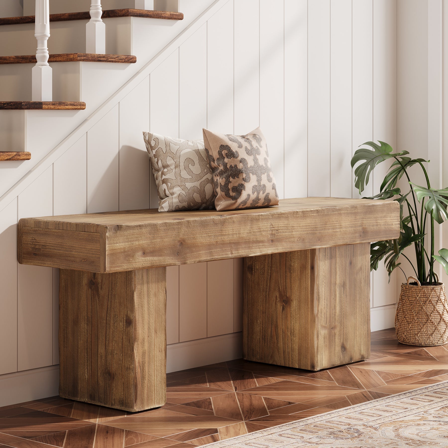 Solid Wood Bench, 47" Farmhouse Entryway Bench with Artistic Legs Tribesigns