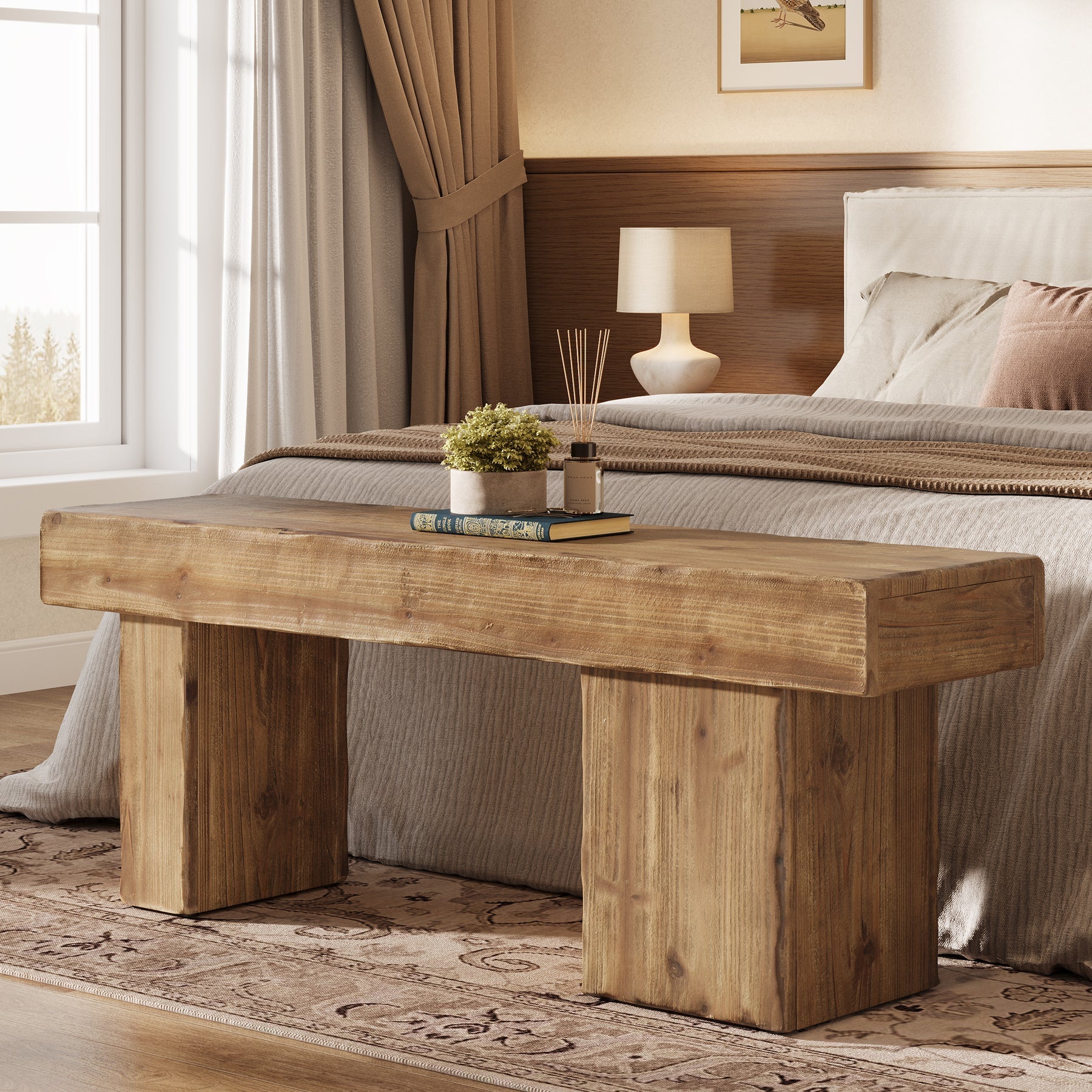 Solid Wood Bench, 47" Farmhouse Entryway Bench with Artistic Legs Tribesigns