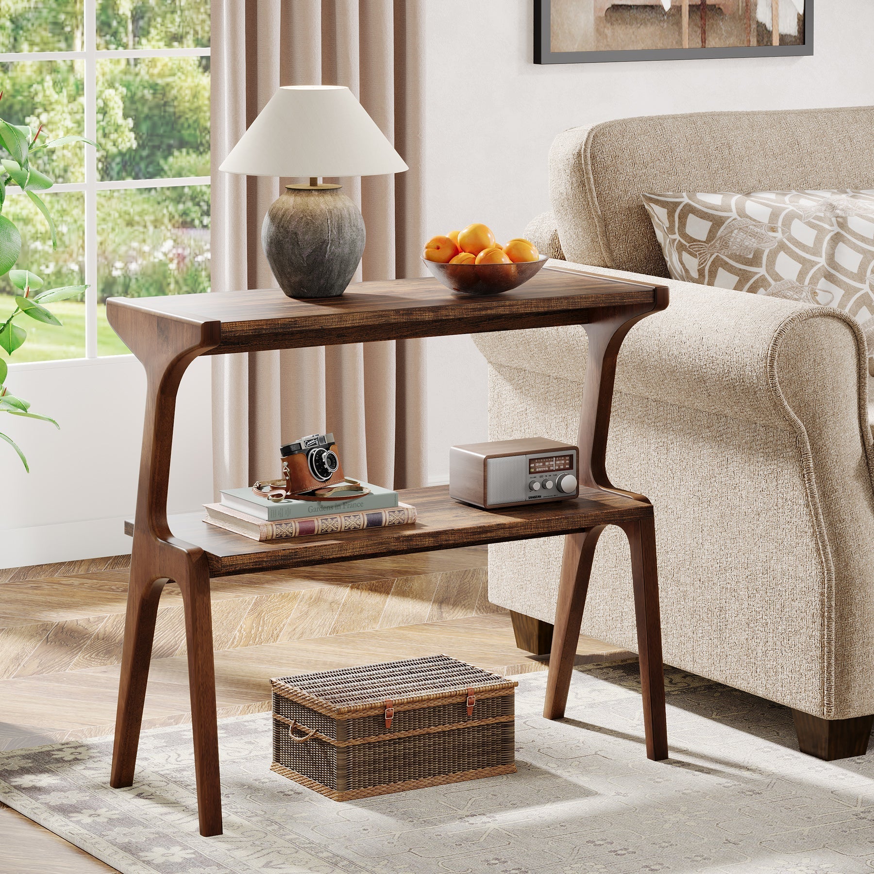 Solid Wood End Table, 2 - Tier Sofa Side Table with Storage Shelf Tribesigns