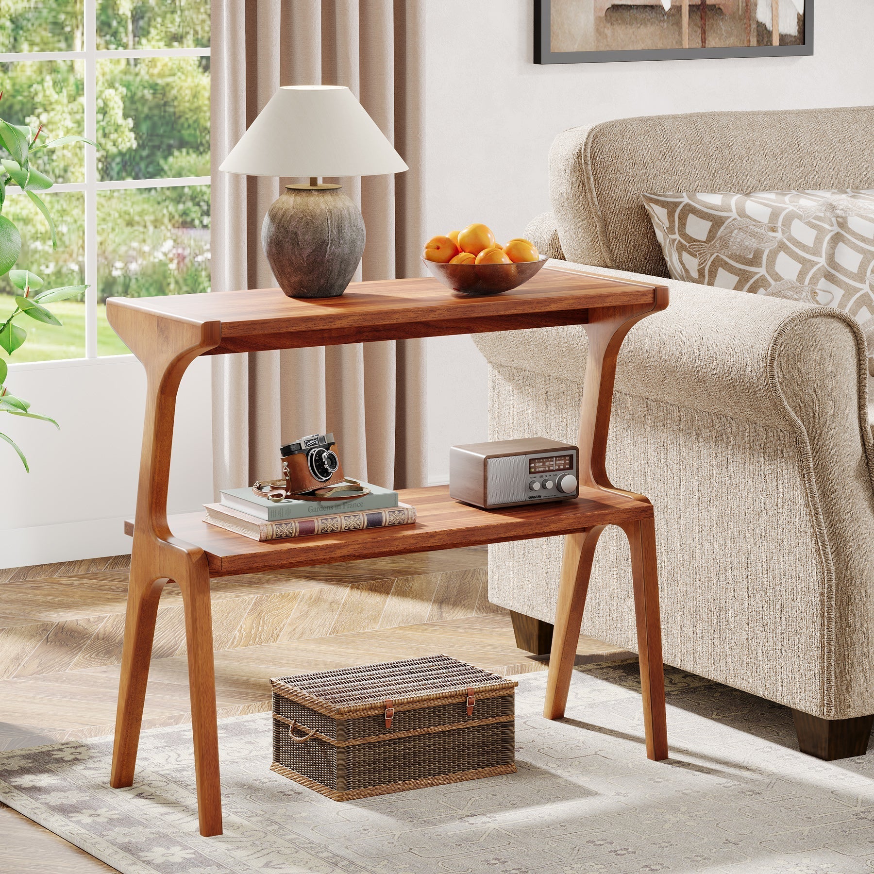 Solid Wood End Table, Two Tier Side Table with Shelf-TribeWood