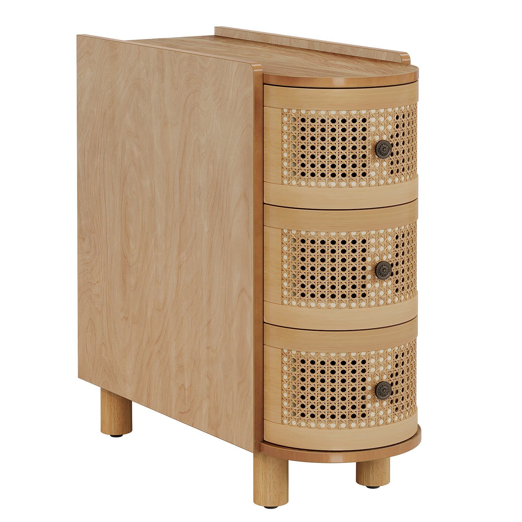 Wood End Table, 3 - Drawer Side Table NightStand with 3 Rattan Drawers Tribesigns