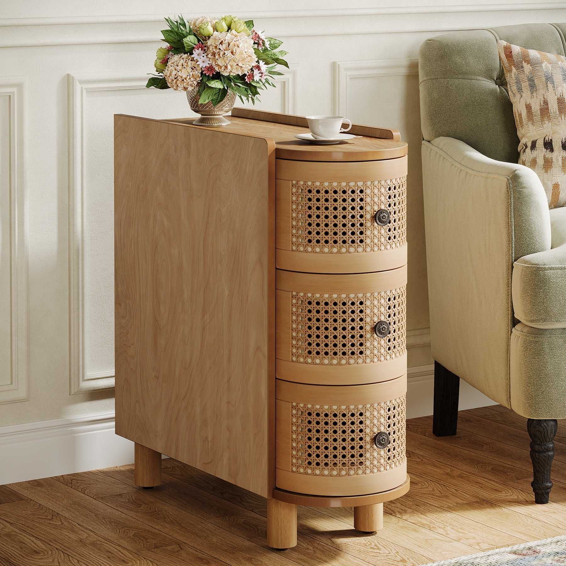 Wood End Table, 3 - Drawer Side Table NightStand with 3 Rattan Drawers Tribesigns