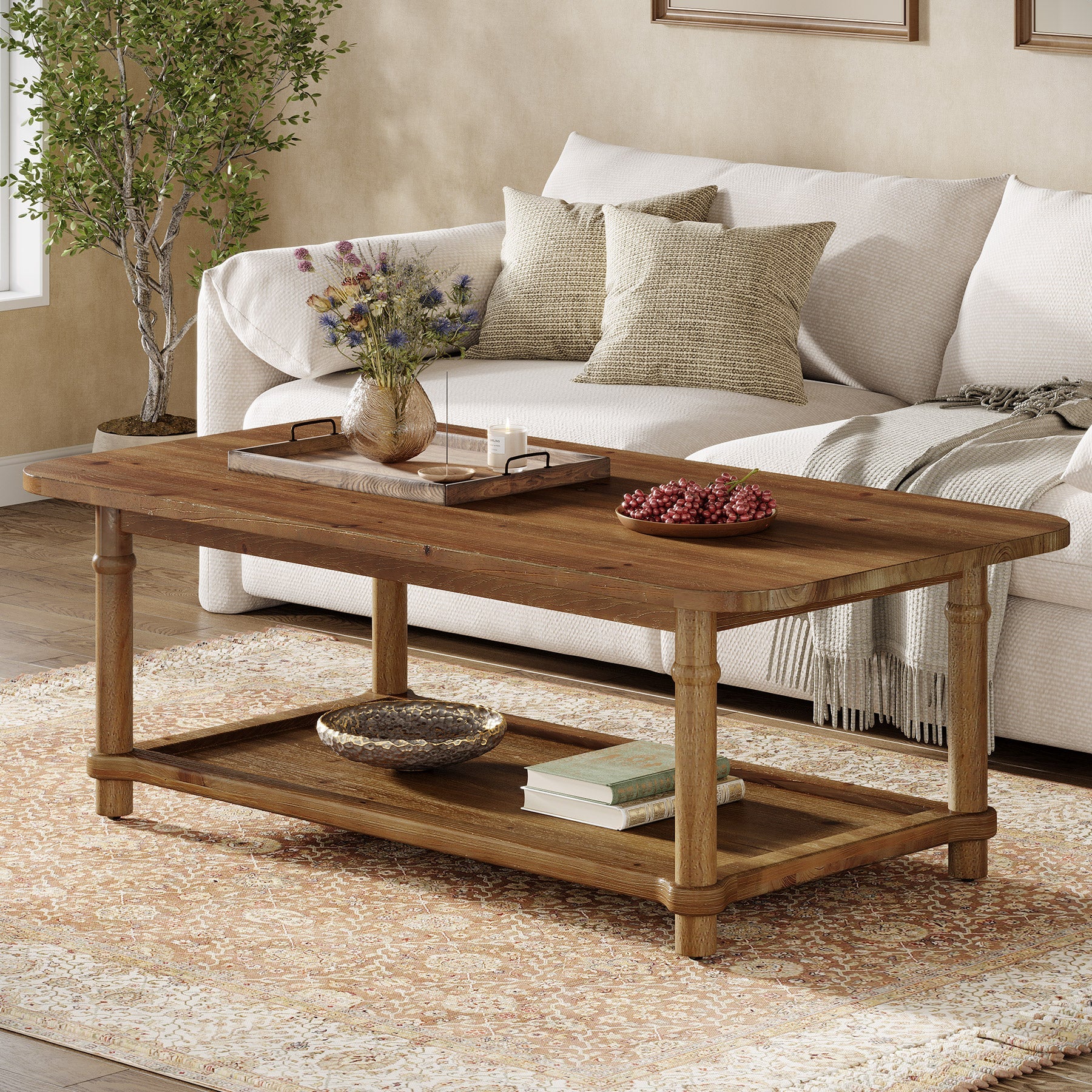 Rectangle Solid Wood Coffee Table, 47" Center Table with 2-Tier Storage