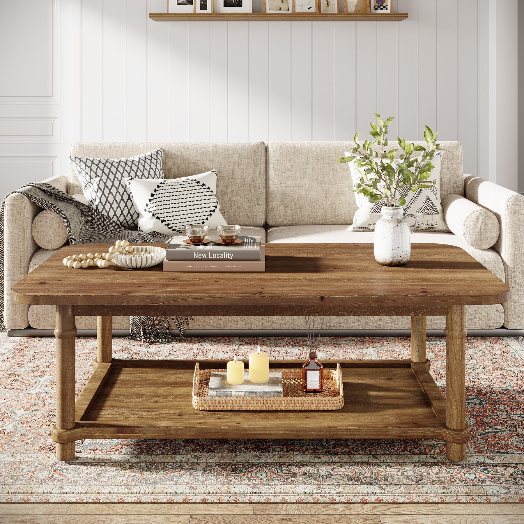 Rectangle Solid Wood Coffee Table, 47" Center Table with 2-Tier Storage