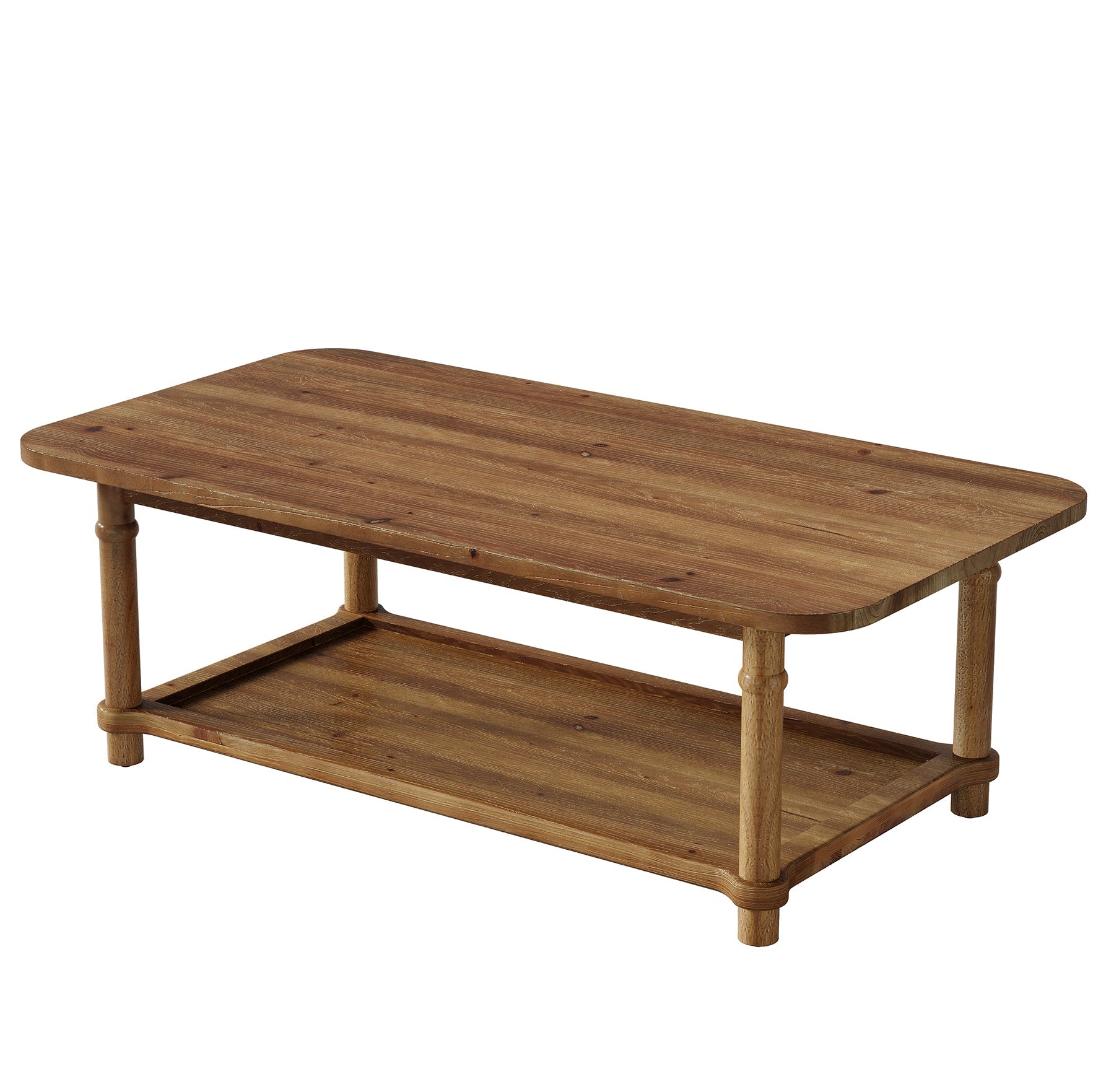 Rectangle Solid Wood Coffee Table, 47" Center Table with 2-Tier Storage