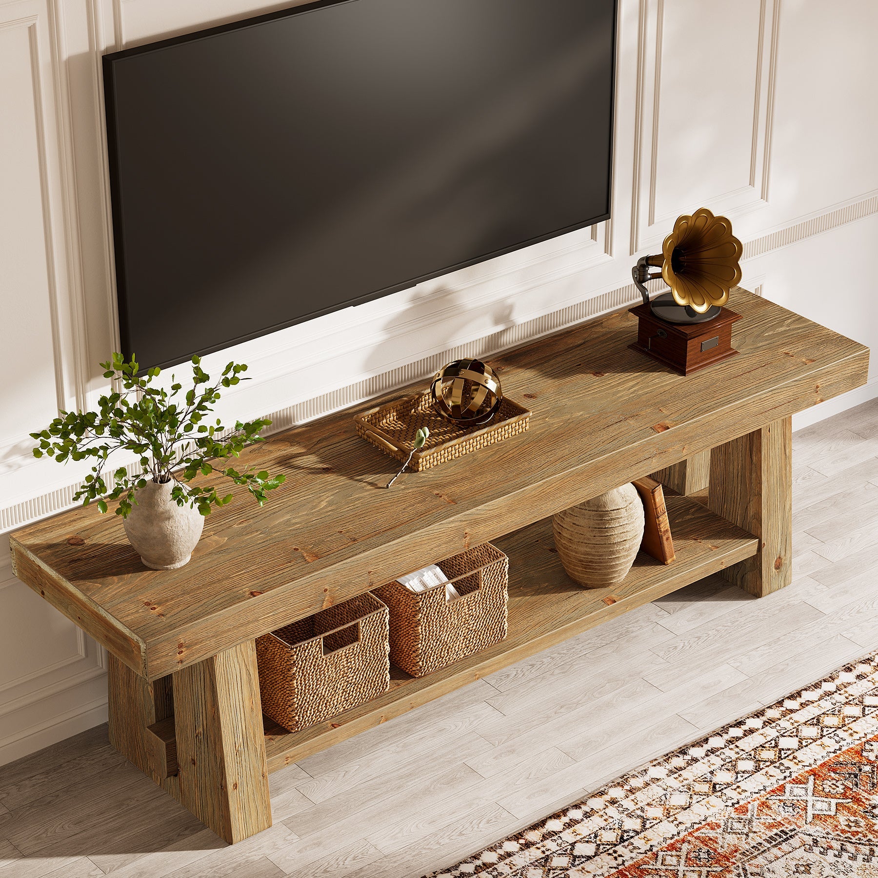 Solid Wood TV Stand for Up to 75 Inch TV, 2-Tier Farmhouse Media Console with Open Shelves