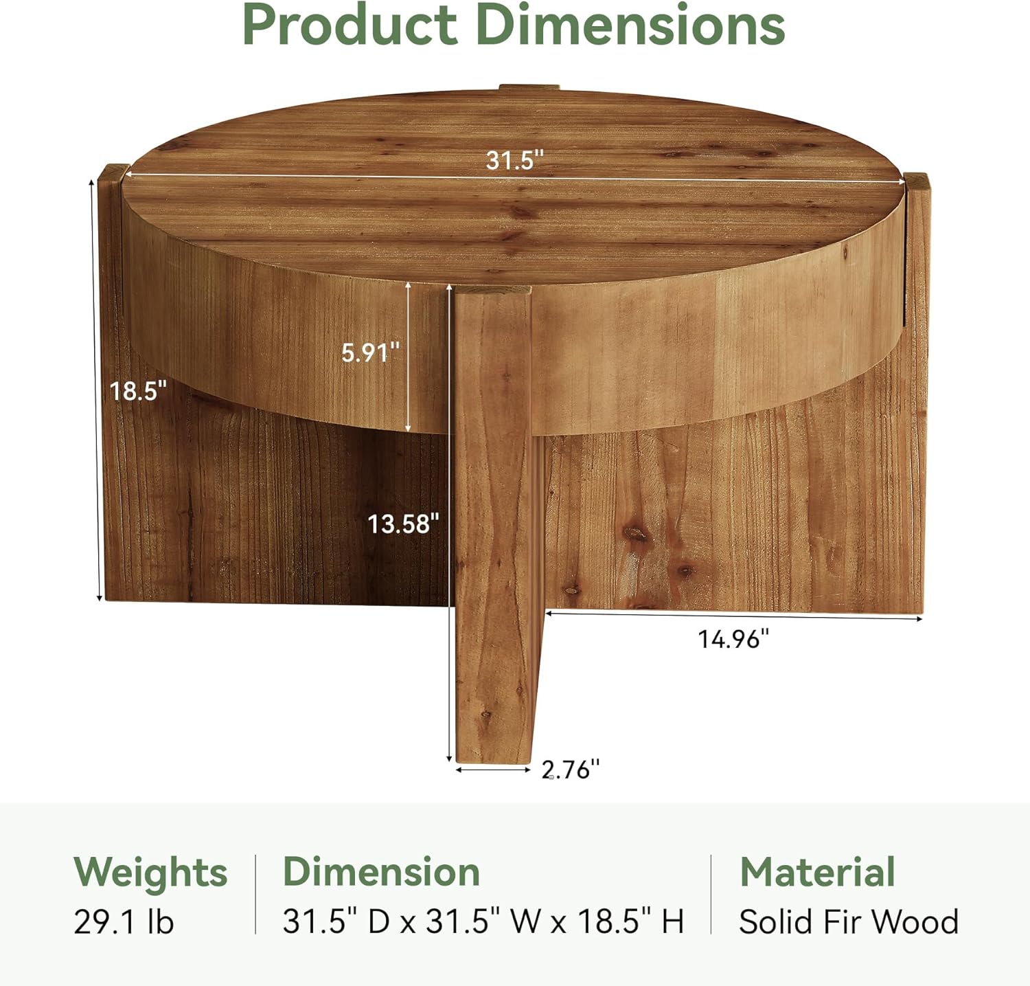 31.5" Round Coffee Table, Solid Wood Center Table with X-Shaped Legs