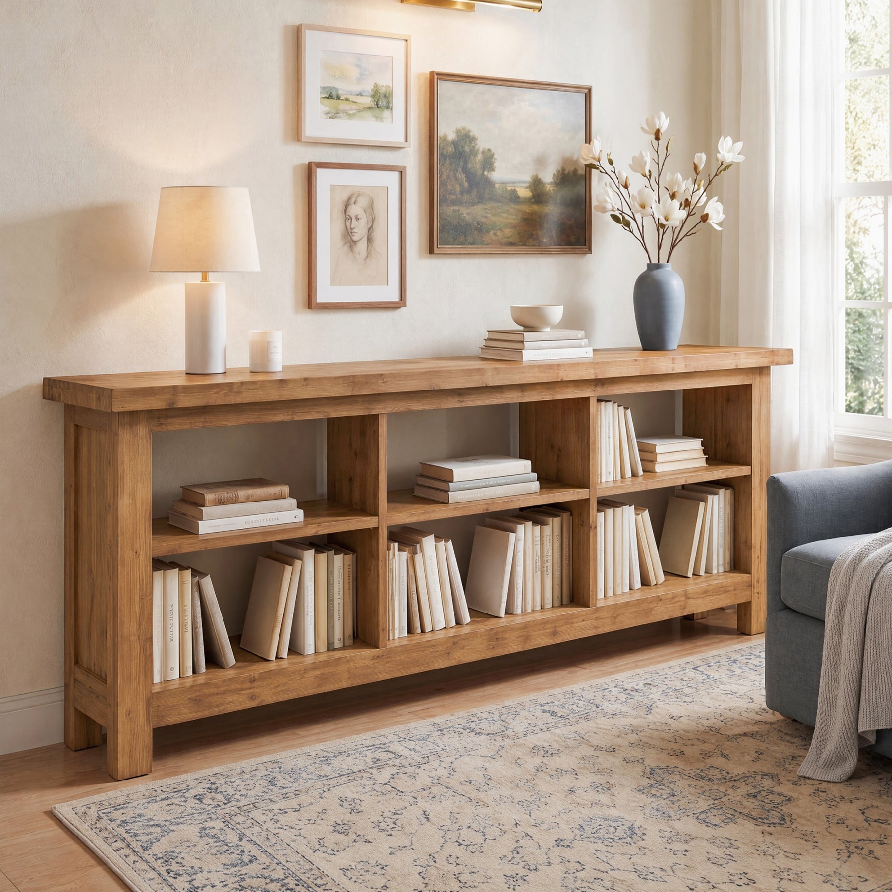 70.8" Long Console Table, 3-Tier Solid Wood Entryway Table with 6 Cubes Shelf