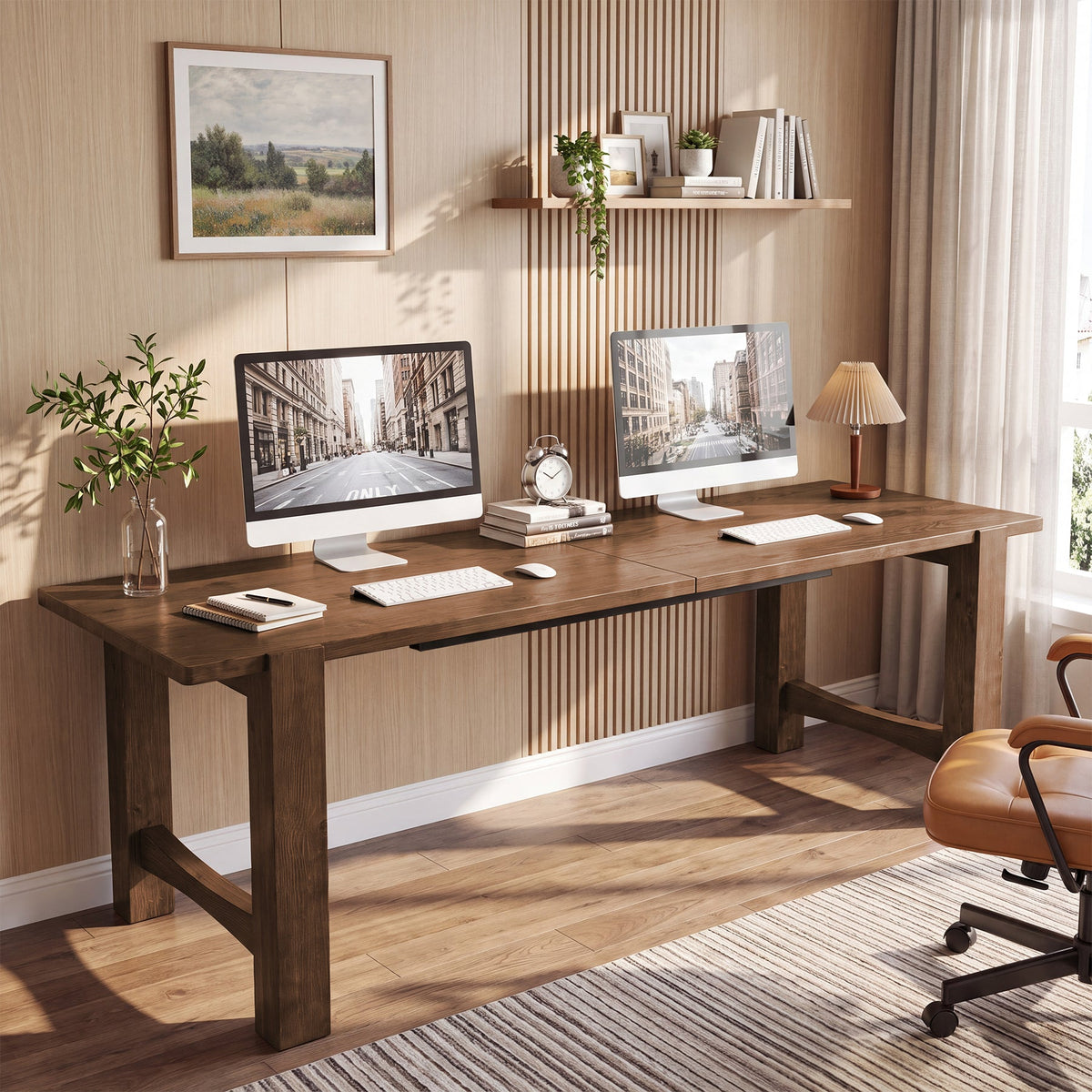 79" Extra Long 2 Person Desk, Farmhouse Solid Wood Computer Desk, Thick Legs, Home Office