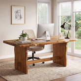 63" Solid Wood Executive Desk, Live Edge Computer Desk with Sturdy Panel Legs for Home Office 3
