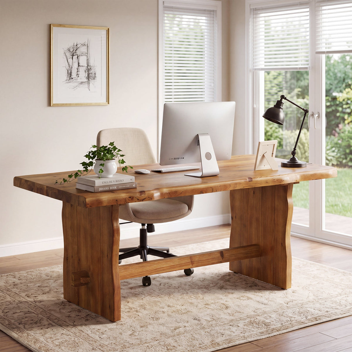 63" Solid Wood Executive Desk, Live Edge Computer Desk with Sturdy Panel Legs for Home Office