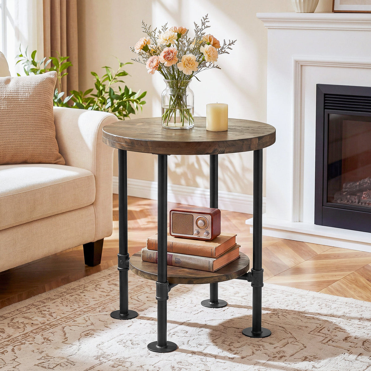 Round End Table, 2-Tier Side Table with Solid Wood Top & Metal Pipe Legs for Living Room