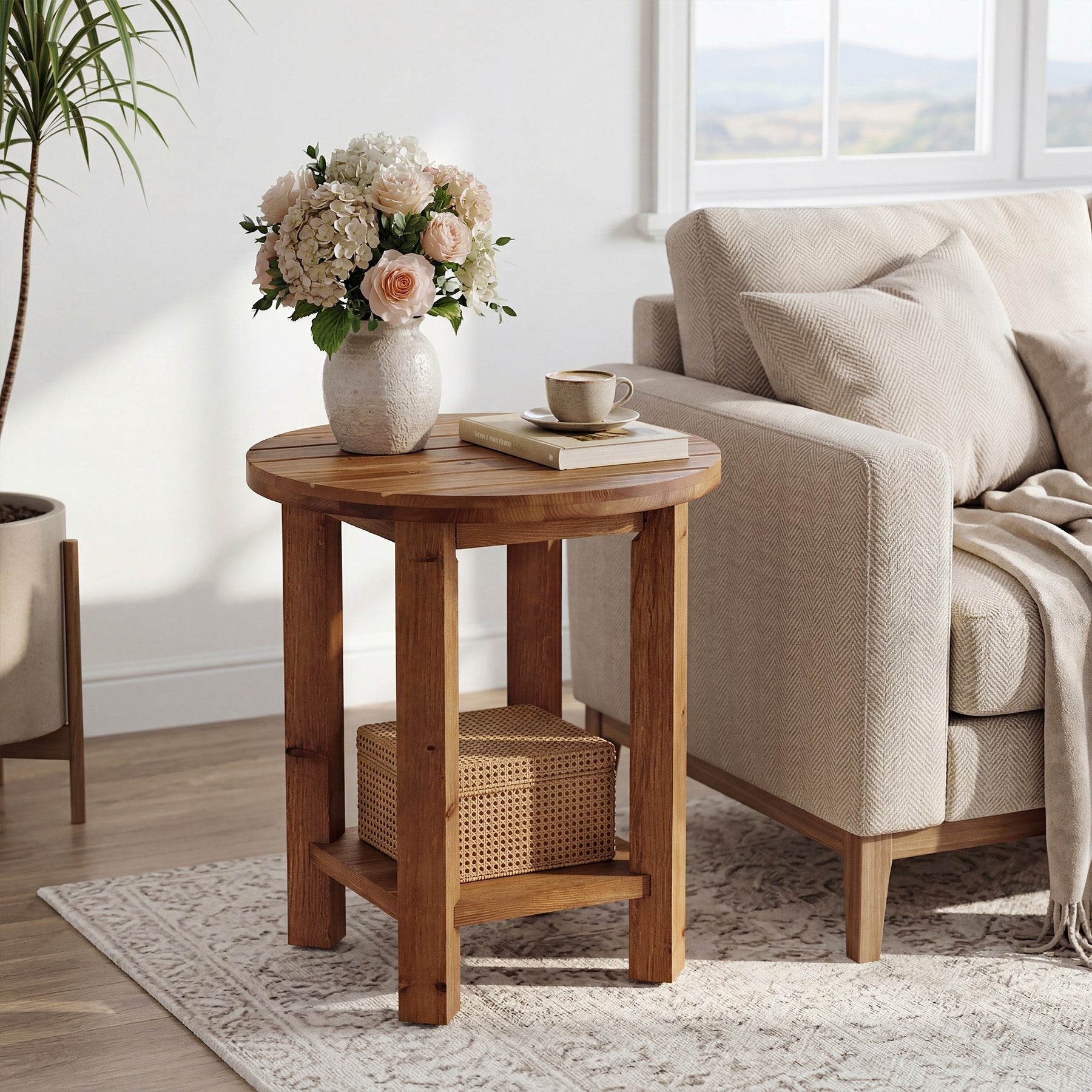 2-Tier End Table, Solid Wood Round Side Table with Grooved Textured Tabletop