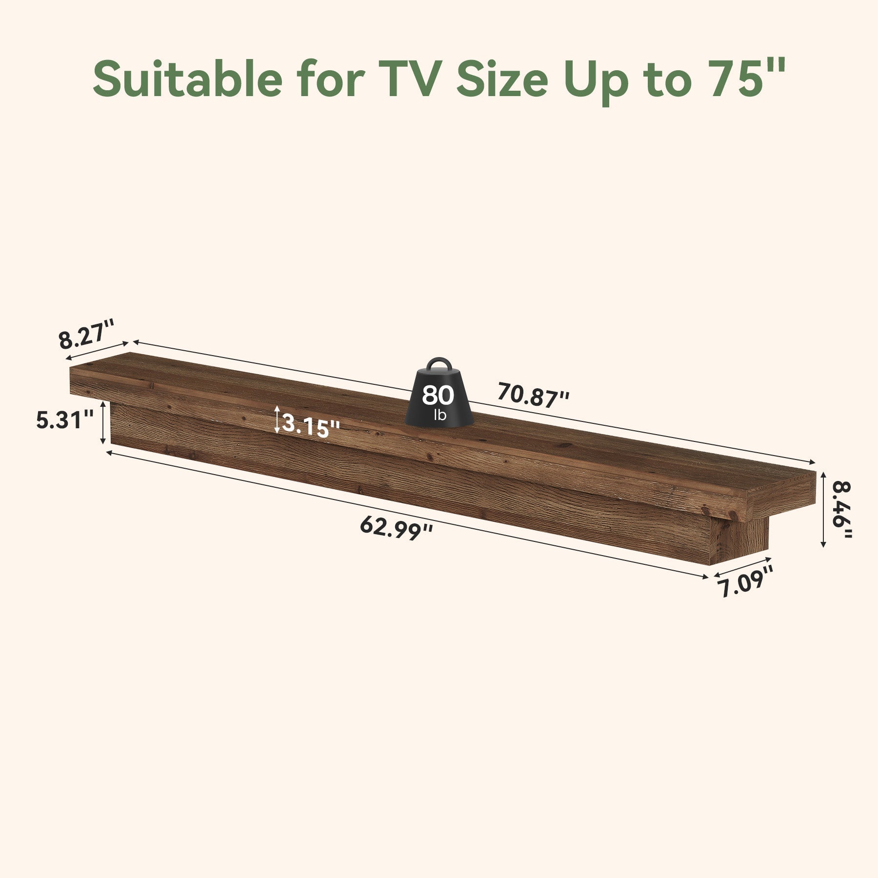 70.9" Solid Wood TV Stand, Floating Wall Mounted TV Shelf for TVs up to 75 Inches